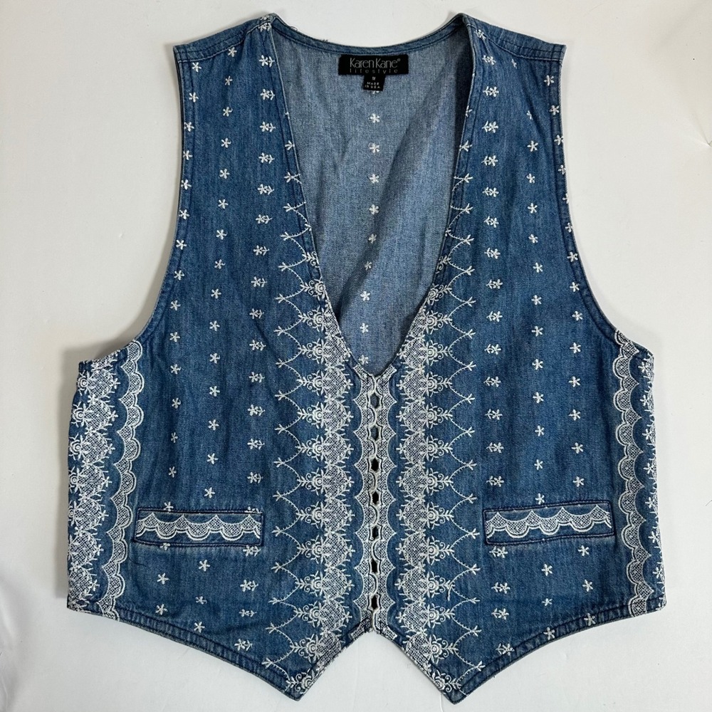 Vintage Denim Vest‎ M USA White Floral Embroidered Eyelet Lace Western Cottage